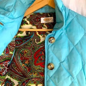 Talbots turquoise quilted down vest paisley lining womens petite size small